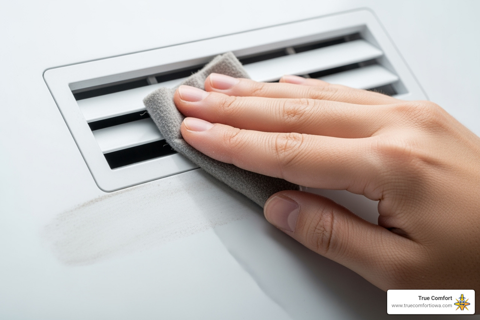 dust being wiped off a surface near an air vent - duct cleaning des moines