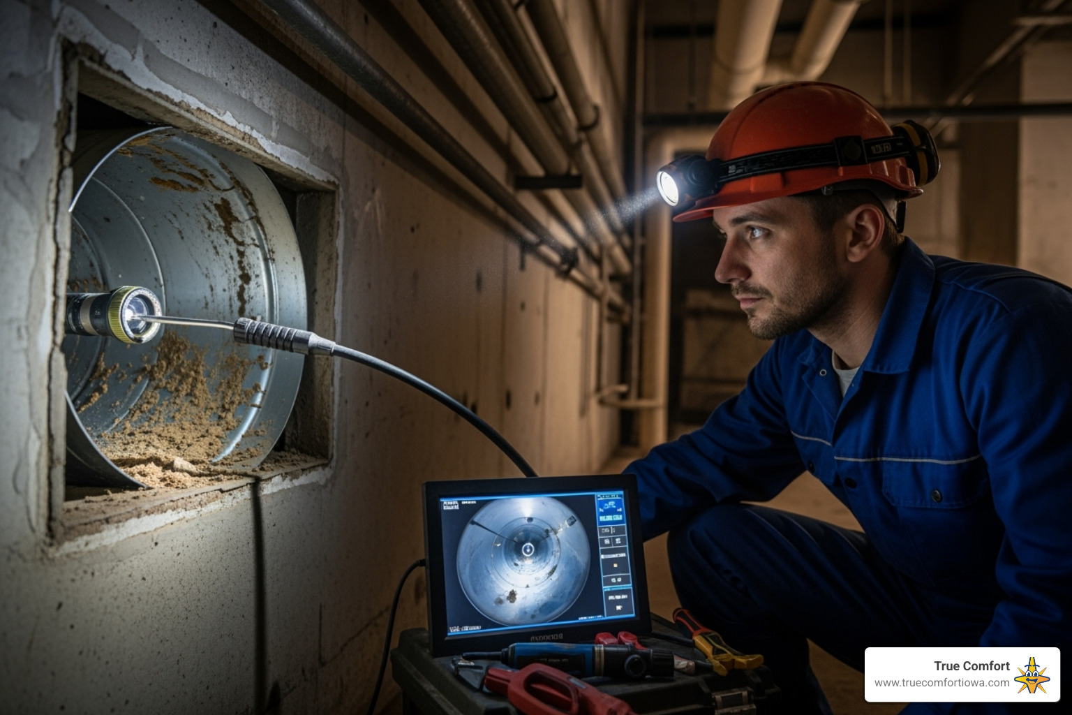 technician using a video inspection camera inside a duct - duct cleaning des moines