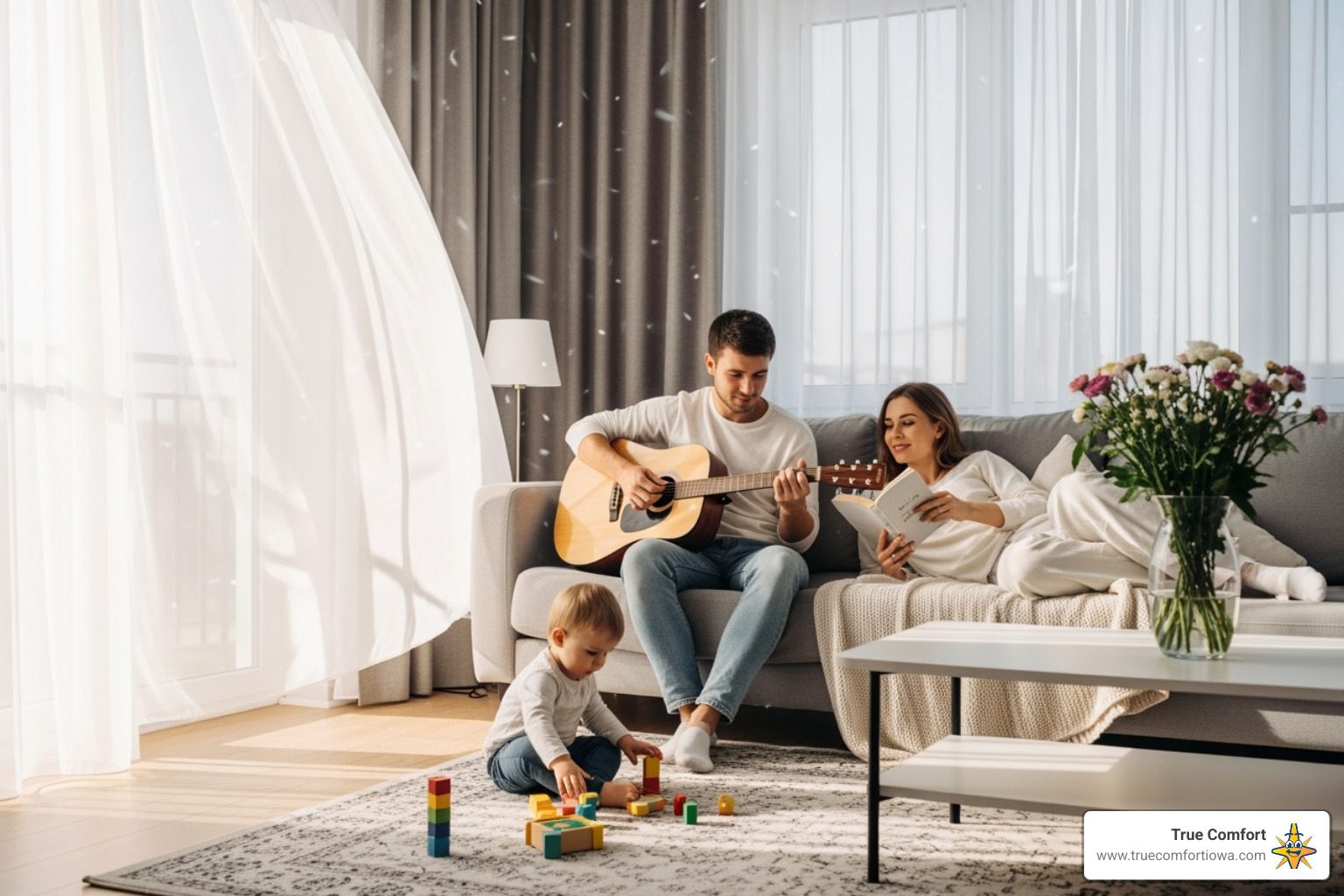 family relaxing and breathing easy in a clean living room - duct cleaning des moines