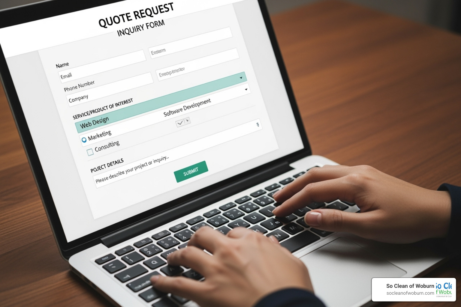 a person filling out an online quote form. - commercial janitorial companies near me