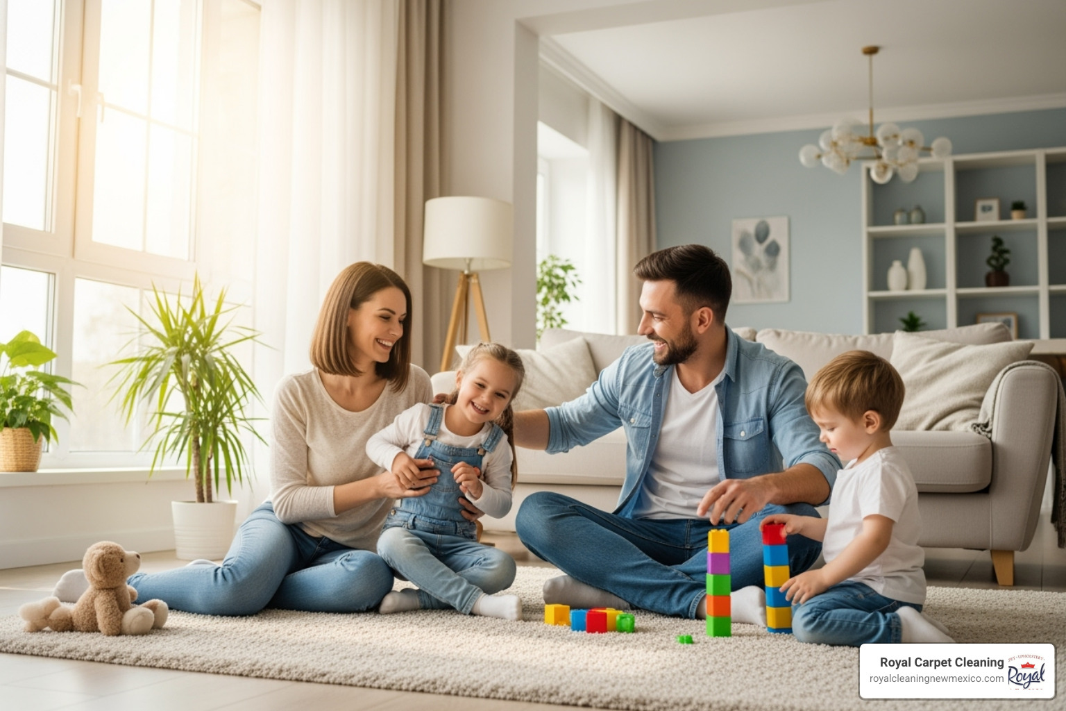 A family playing on a freshly cleaned carpet, showing comfort and joy - deep carpet cleaning Albuquerque