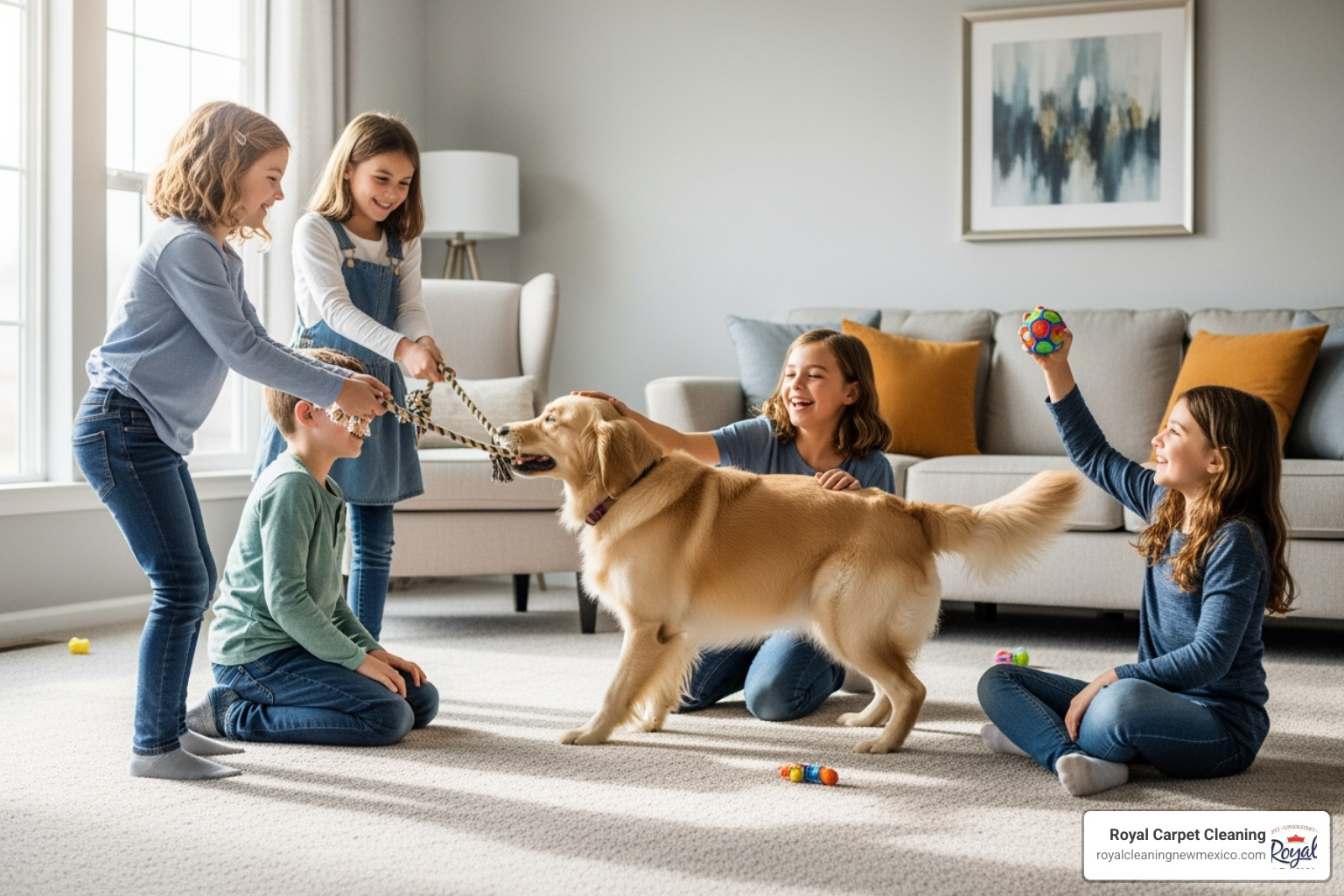 Happy children and a dog playing on a clean carpet - deep carpet cleaning Albuquerque