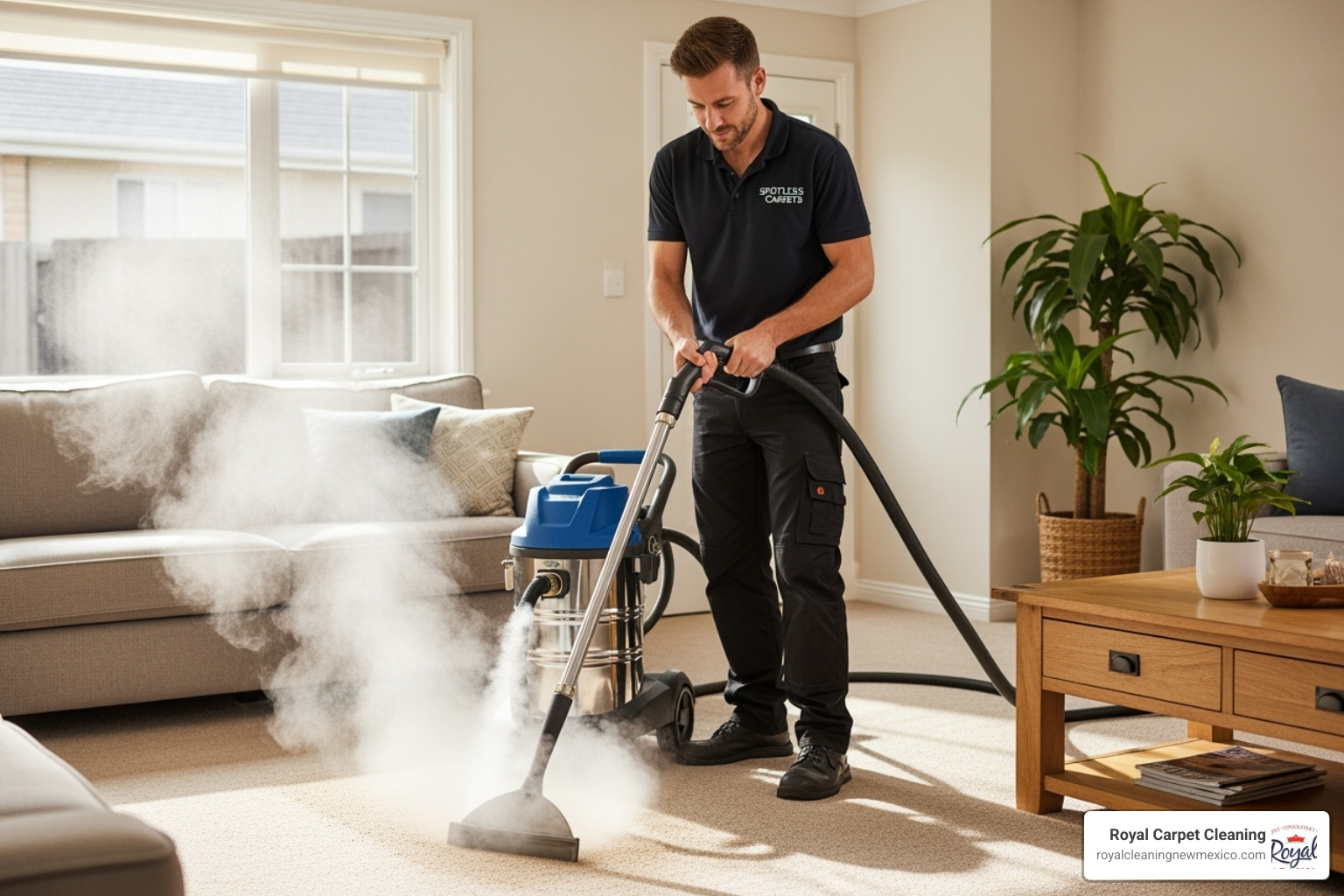 A carpet cleaning technician using a professional steam cleaner - deep carpet cleaning Albuquerque