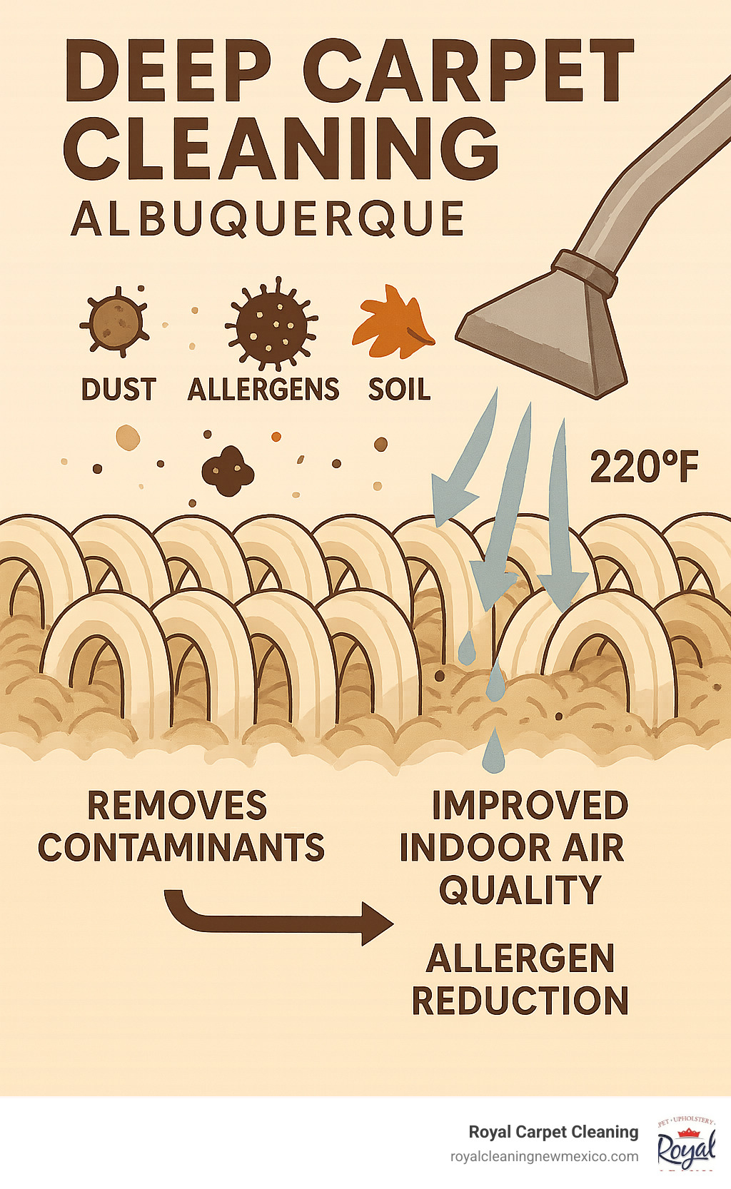 Infographic showing dust, allergens, pet dander, and soil particles trapped deep within carpet fibers, with arrows indicating how professional hot water extraction at 220°F removes contaminants that regular vacuuming cannot reach, resulting in improved indoor air quality and allergen reduction - deep carpet cleaning Albuquerque infographic 