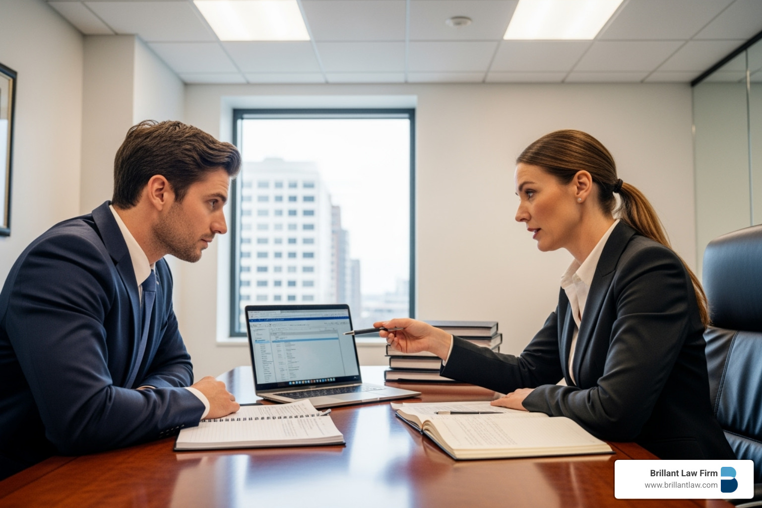 Reverse mortgage attorney reviewing loan documents with a senior client in a professional office.