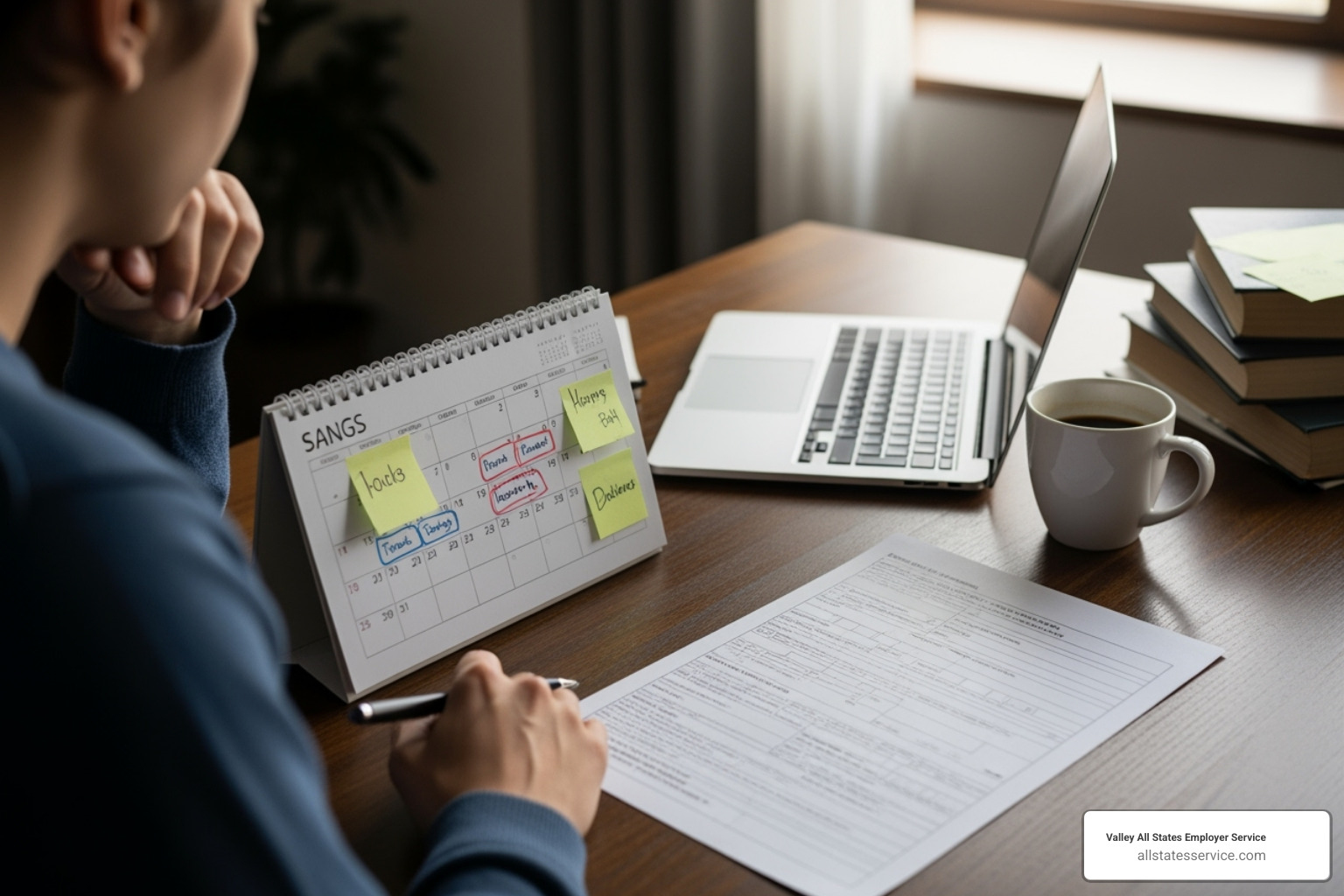 A person looking thoughtfully at a calendar and a form, symbolizing I-9 challenges and compliance - new hire paperwork i 9