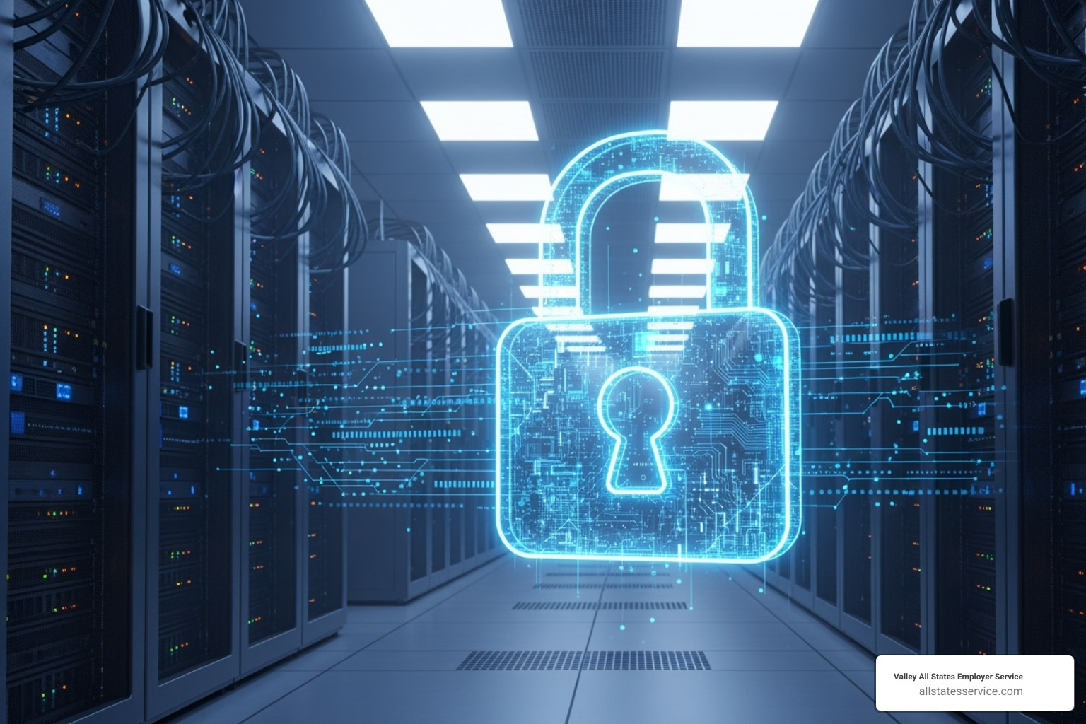 A digital illustration showing a secure data server room with a prominent digital lock icon, symbolizing data security and compliance in employment verification services. - Employment verification services A digital illustration showing a secure data server room with a prominent digital lock icon, symbolizing data security and compliance in employment verification services. - Employment verification services