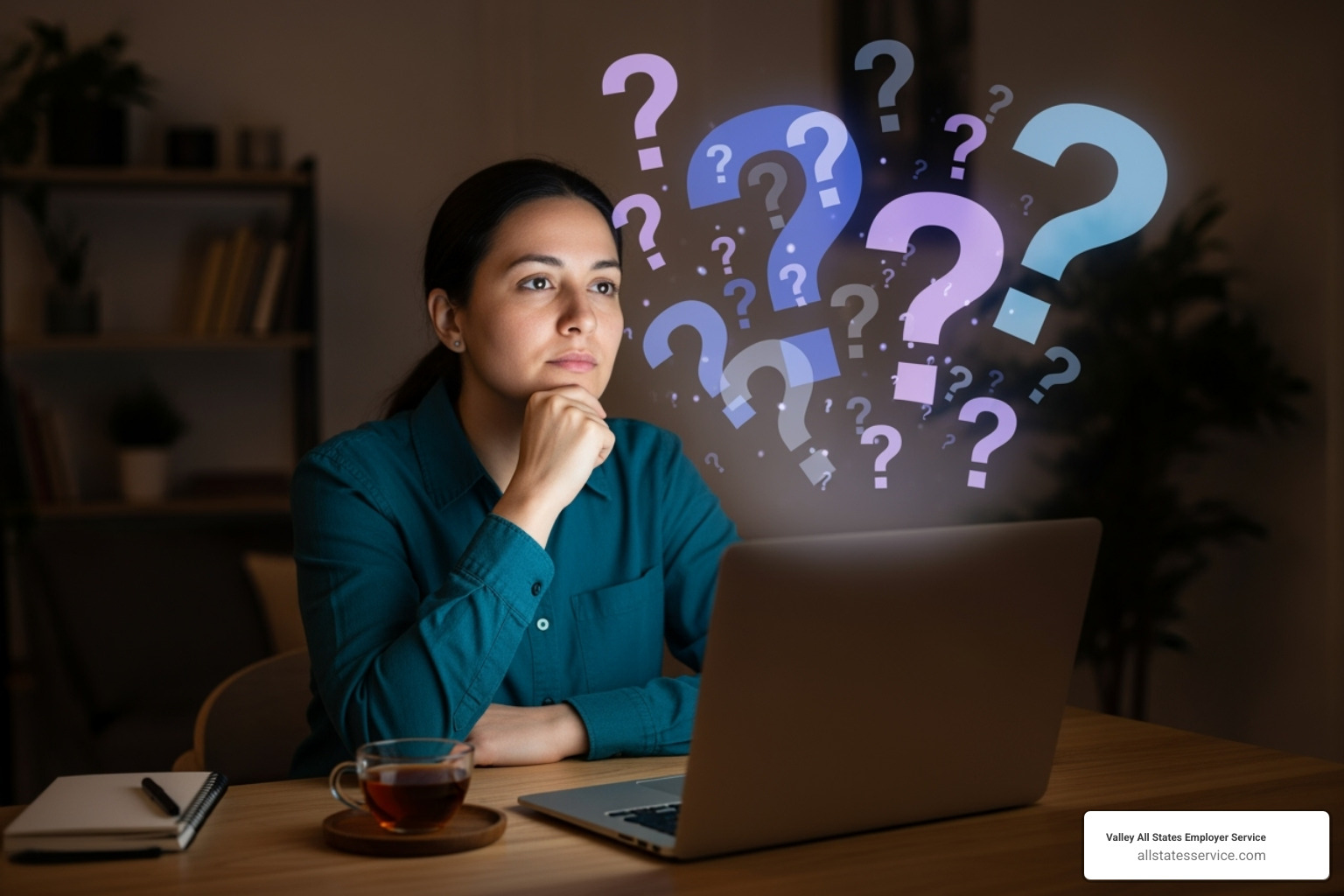 A person looking thoughtfully at a computer screen with question marks around them, representing common questions and considerations regarding employment verification. - Employment verification services A person looking thoughtfully at a computer screen with question marks around them, representing common questions and considerations regarding employment verification. - Employment verification services