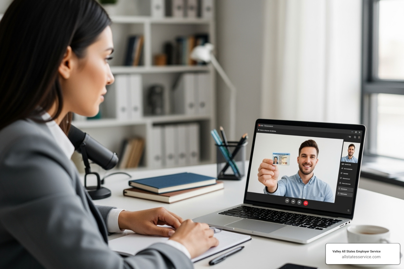 HR professional conducting remote I-9 verification via video call - verifying i 9 documents HR professional conducting remote I-9 verification via video call - verifying i 9 documents