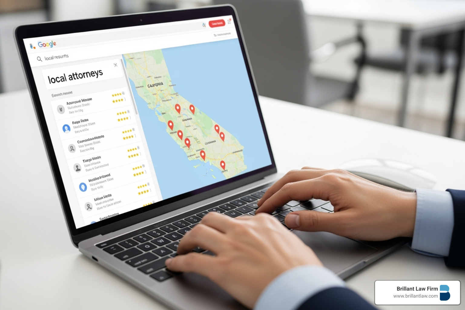 Person using a laptop to search for 'reverse mortgage attorneys near me' with a map of California on the screen.