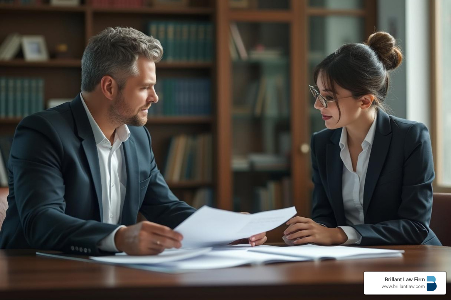 A client having a consultation with a private attorney in a professional office, an alternative to legal aid.