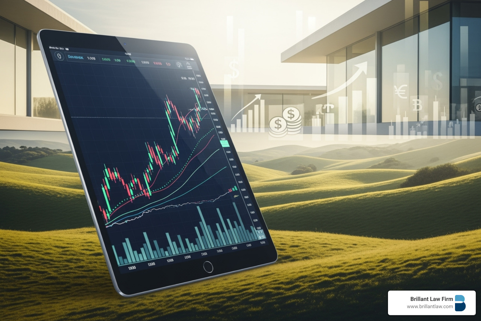 A sleek tablet displays a vibrant stock market chart, with an abstract, artistic backdrop of the rolling hills and modern architecture characteristic of the Castle Hill area of California, suggesting the integration of technology and local expertise in financial planning. - tax strategy