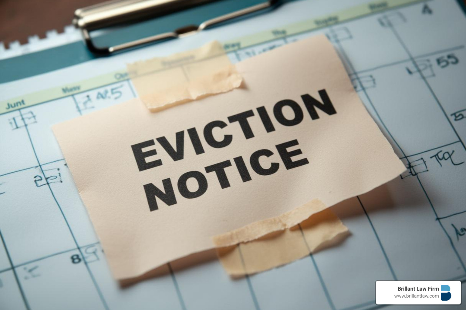 An eviction notice pinned to a calendar, symbolizing the urgency of housing legal problems handled by legal aid.