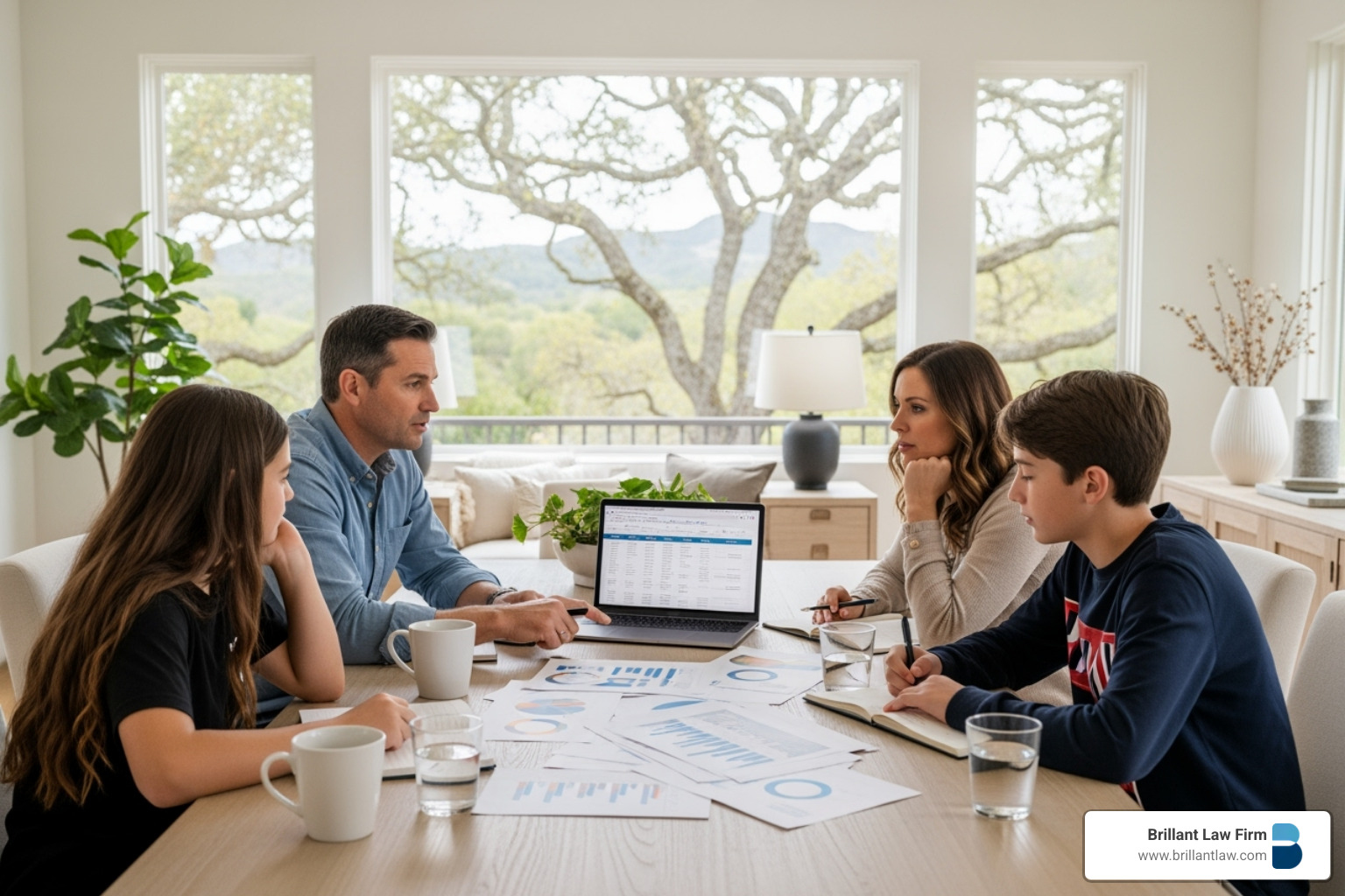 A family gathered around a table in a bright, modern home in San Miguel, CA, reviewing financial documents and discussing their future. The scene conveys comfort, collaboration, and financial planning. - tax strategy