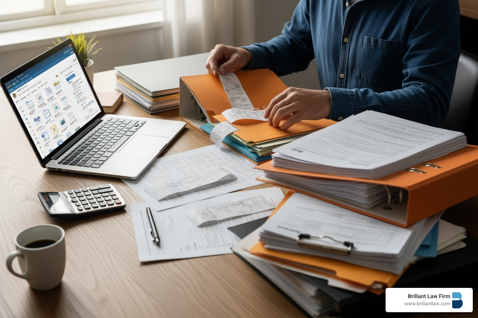 A person carefully organizing both digital files on a laptop and physical documents in folders, with tax-related papers and receipts spread out, symbolizing diligent record-keeping for tax purposes. - tax strategy
