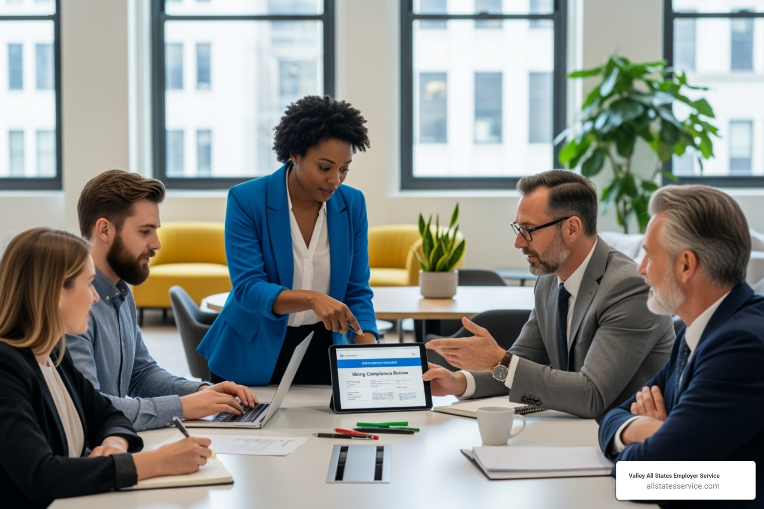 Diverse group of professionals in a modern office setting engaged in a discussion about hiring compliance - states required to use e verify Diverse group of professionals in a modern office setting engaged in a discussion about hiring compliance - states required to use e verify