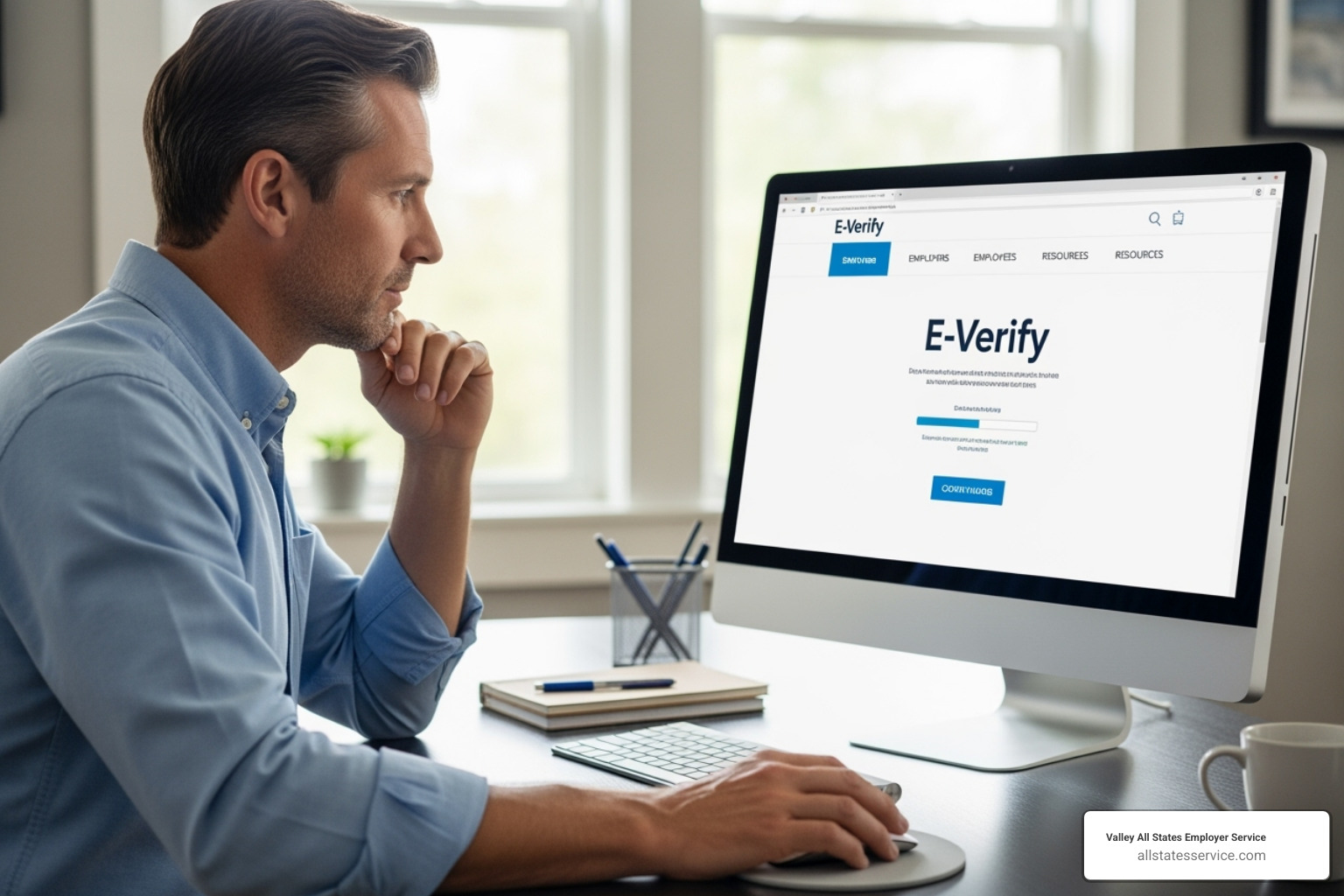 Person at a computer looking at the official E-Verify website, emphasizing staying updated - states required to use e verify Person at a computer looking at the official E-Verify website, emphasizing staying updated - states required to use e verify