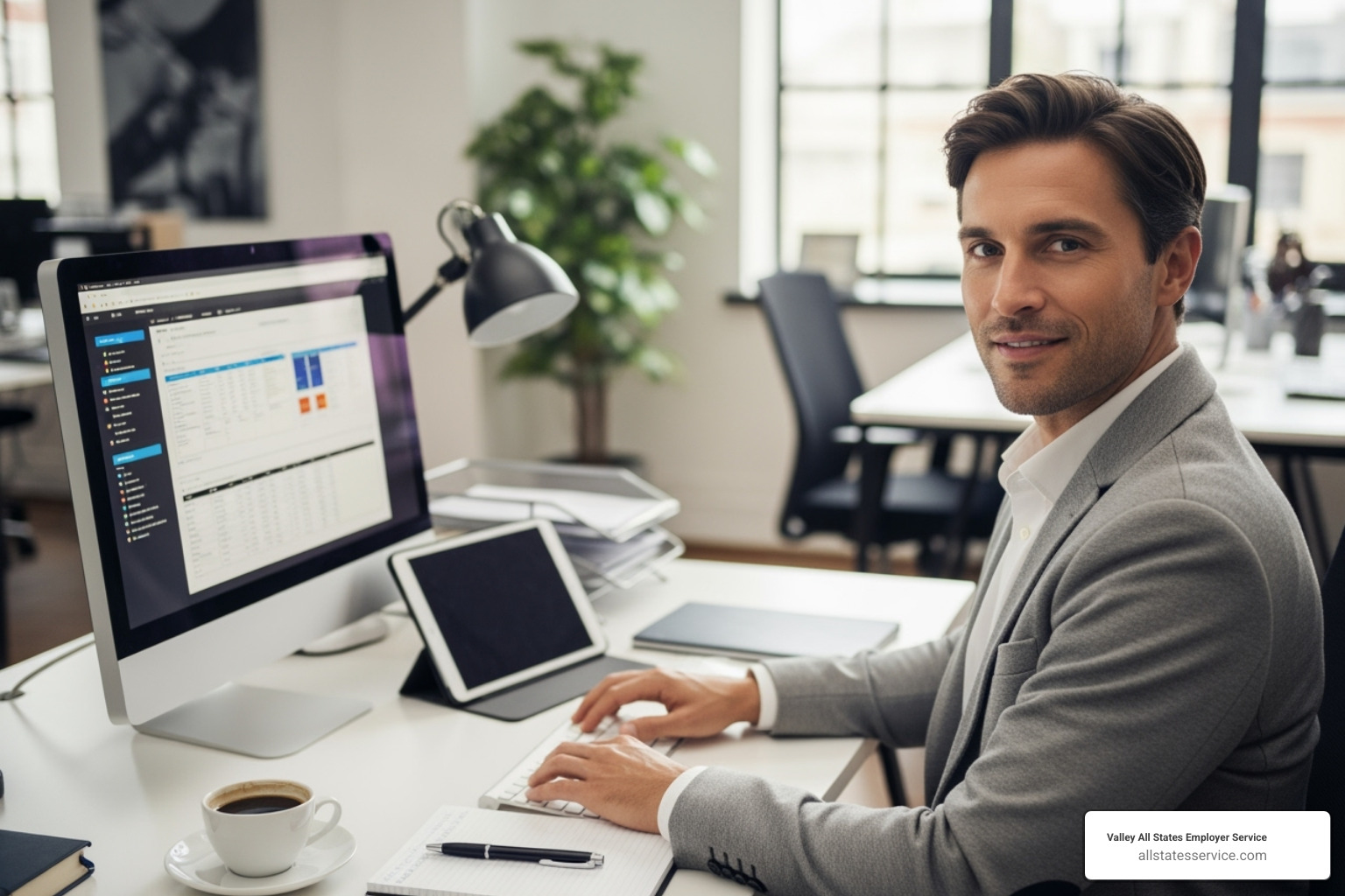 HR manager confidently using a computer - E-Verify verification system