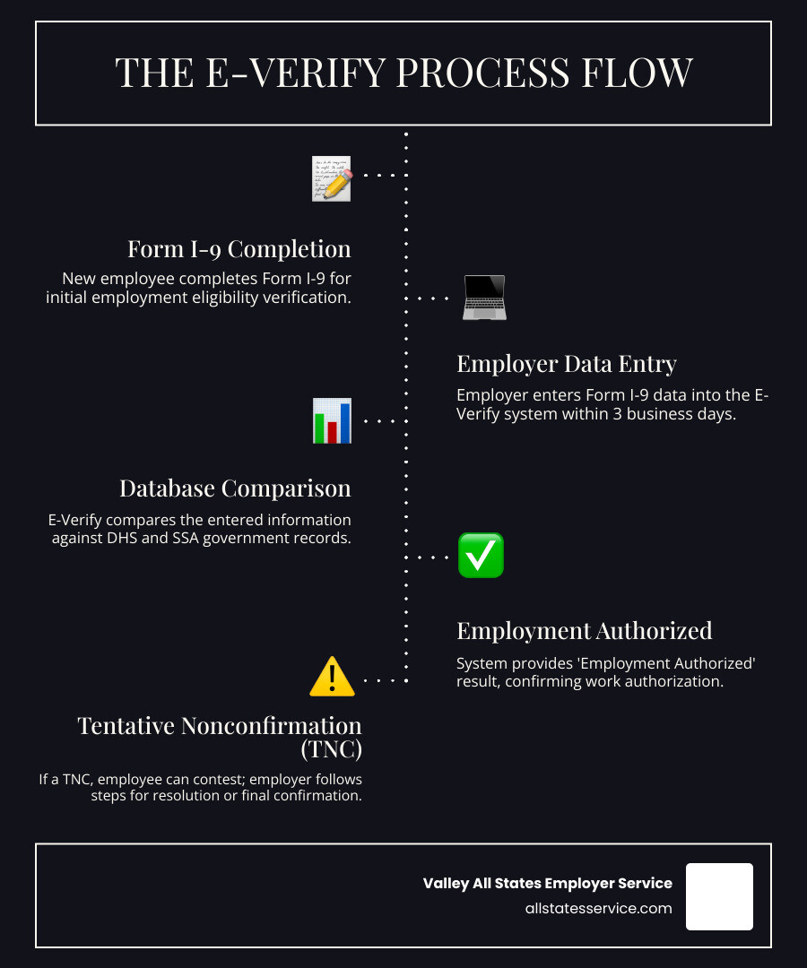 Detailed infographic showing the complete E-Verify process flow: employee hired, Form I-9 completed, employer enters I-9 data into E-Verify system within 3 business days, system compares against DHS and SSA databases, result provided as either Employment Authorized or Tentative Nonconfirmation, with branching paths for each outcome including employee rights and employer responsibilities - what is e verify infographic infographic-line-5-steps-dark