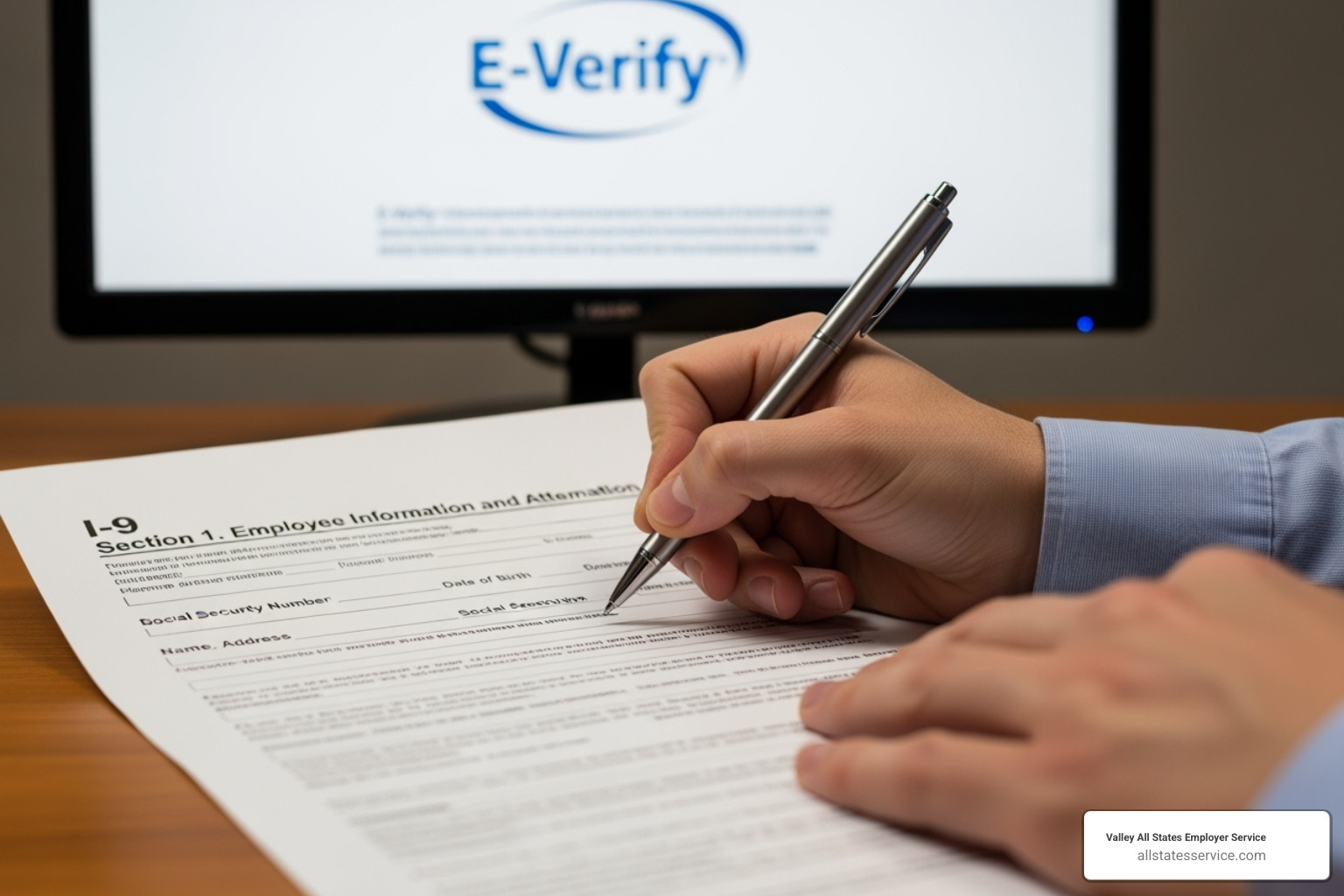 of the E-Verify.gov homepage on a laptop screen - E-Verify form I-9