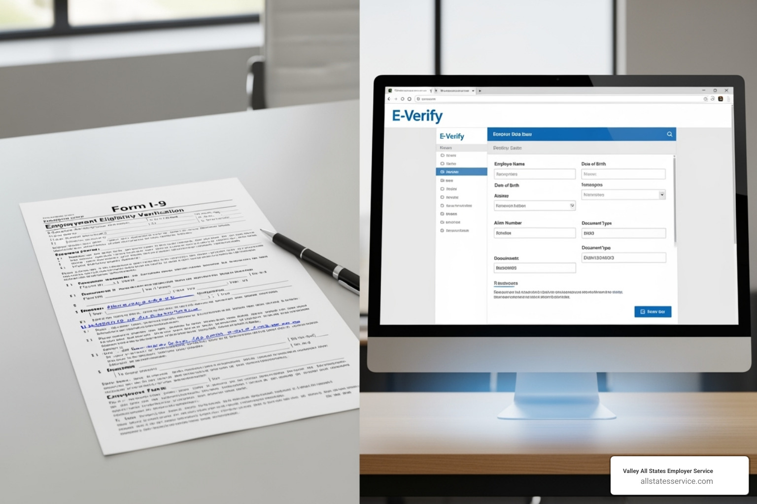 side-by-side comparison of a Form I-9 and the E-Verify data entry screen - what is e verify