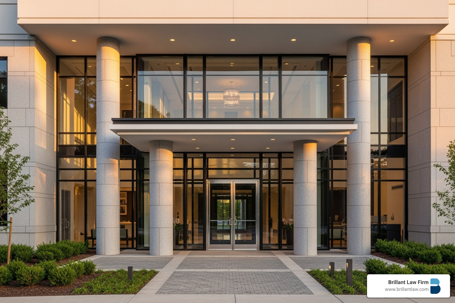 The entrance to the Brillant Law Firm office, with the logo on a glass door, symbolizing legal expertise and client support. The entrance to the Brillant Law Firm office, with the logo on a glass door, symbolizing legal expertise and client support.