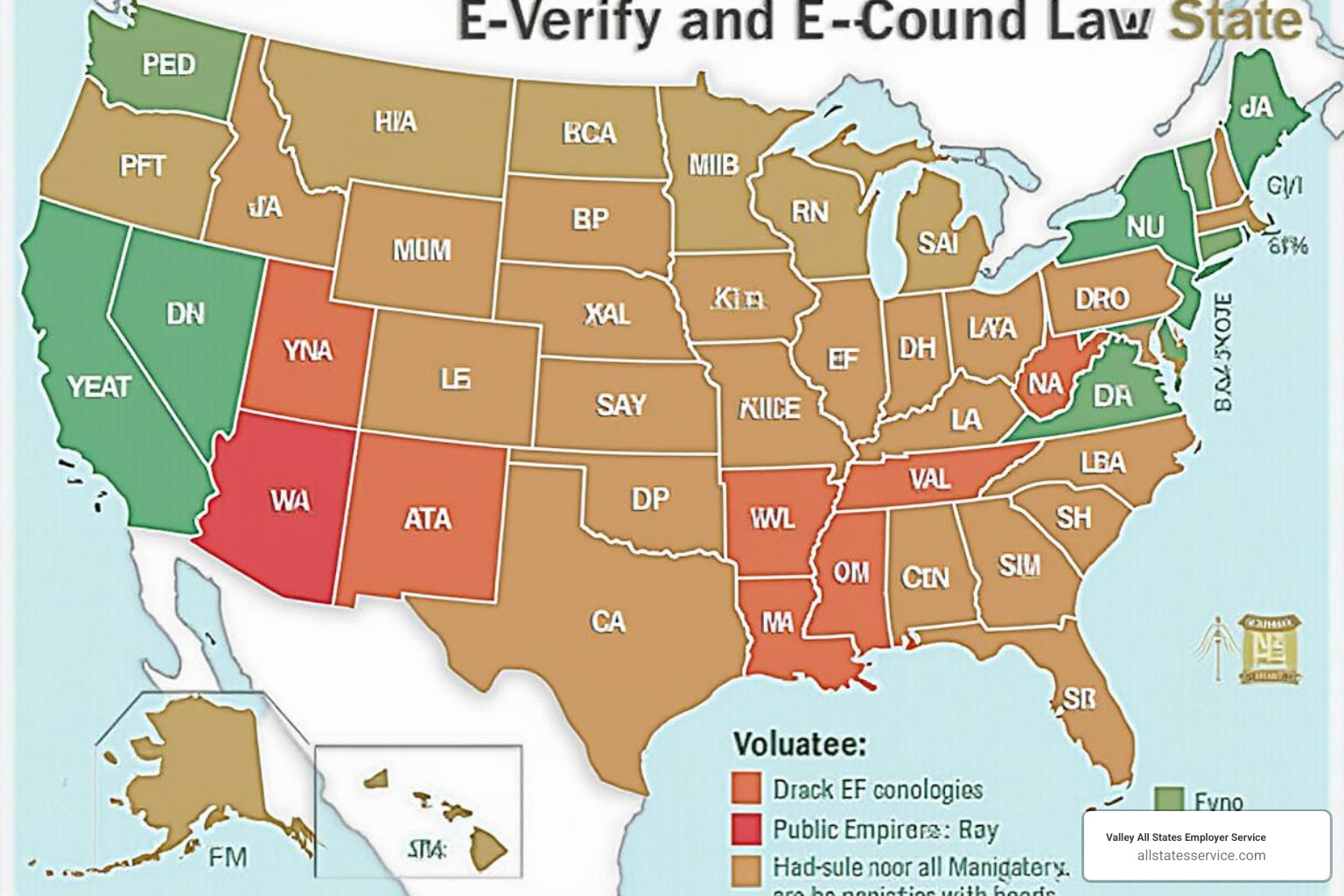 Map of the United States with states colored differently based on E-Verify requirements, indicating mandatory, public employer, and voluntary states - states required to use e verify Map of the United States with states colored differently based on E-Verify requirements, indicating mandatory, public employer, and voluntary states - states required to use e verify