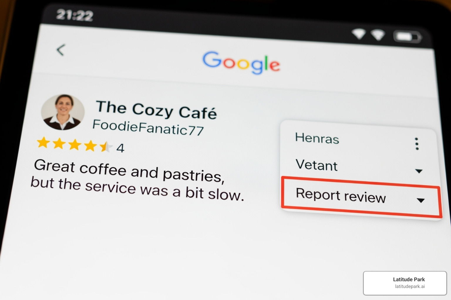 Image of the "Report review" option on a Google review - how to manage google reviews