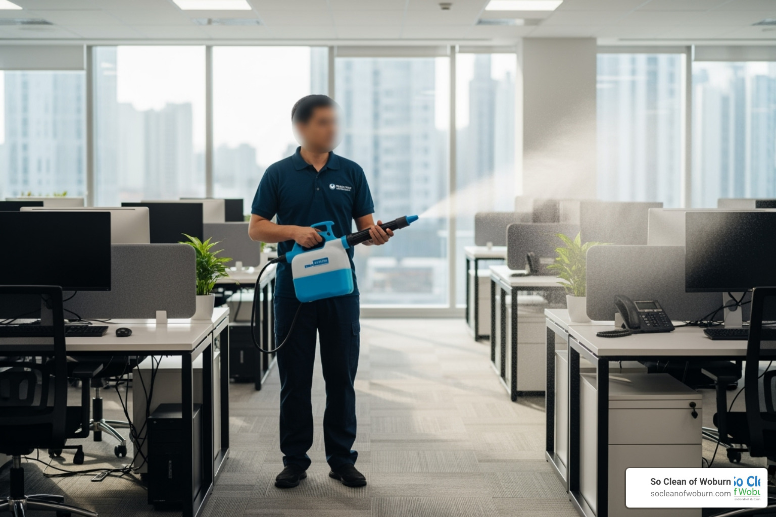 cleaner using an electrostatic sprayer in an office - building cleaning company