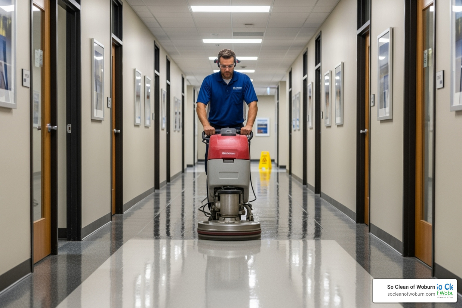 cleaning professional using a floor buffer in a commercial building - building cleaning company
