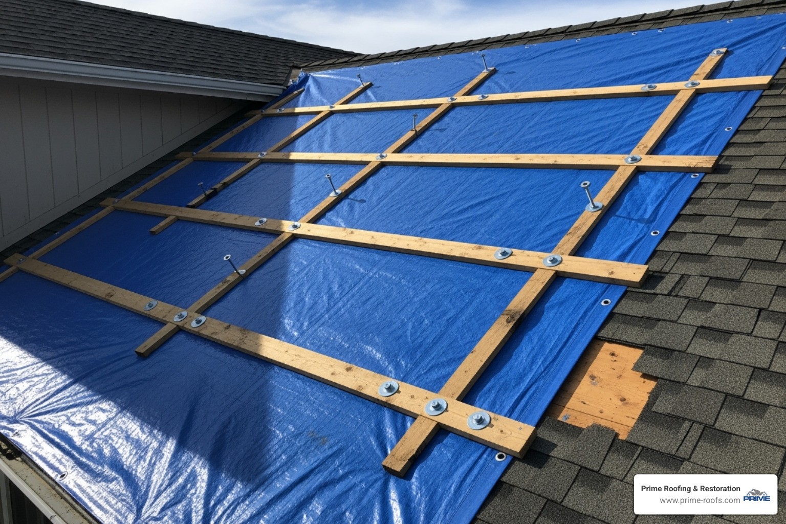 A securely installed roof tarp on a damaged roof, demonstrating professional installation - Emergency tarping service