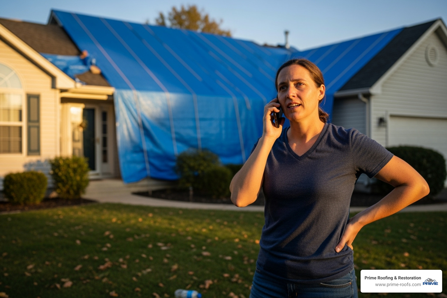 A homeowner on the phone, looking relieved, with a newly tarped roof in the background, signifying the start of recovery - Emergency tarping service