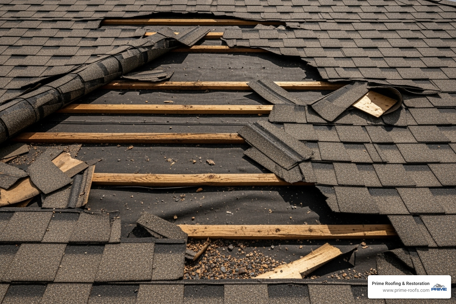 Close-up of missing shingles on a roof after a storm, highlighting the damage - Emergency tarping service