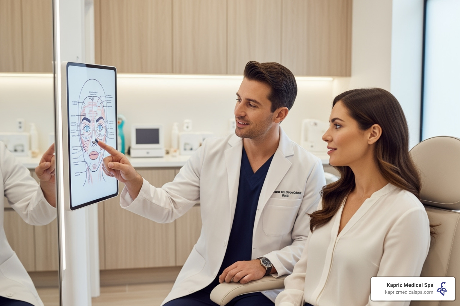 A practitioner consulting with a patient about their aesthetic goals - botox for 11 lines A practitioner consulting with a patient about their aesthetic goals - botox for 11 lines