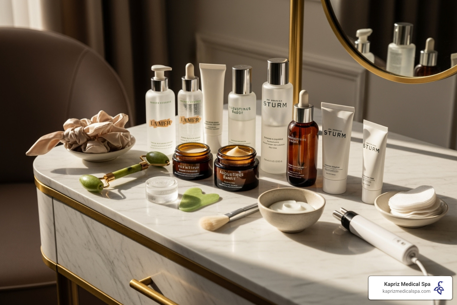 Different skincare products and treatments on a vanity - botox for 11 lines Different skincare products and treatments on a vanity - botox for 11 lines