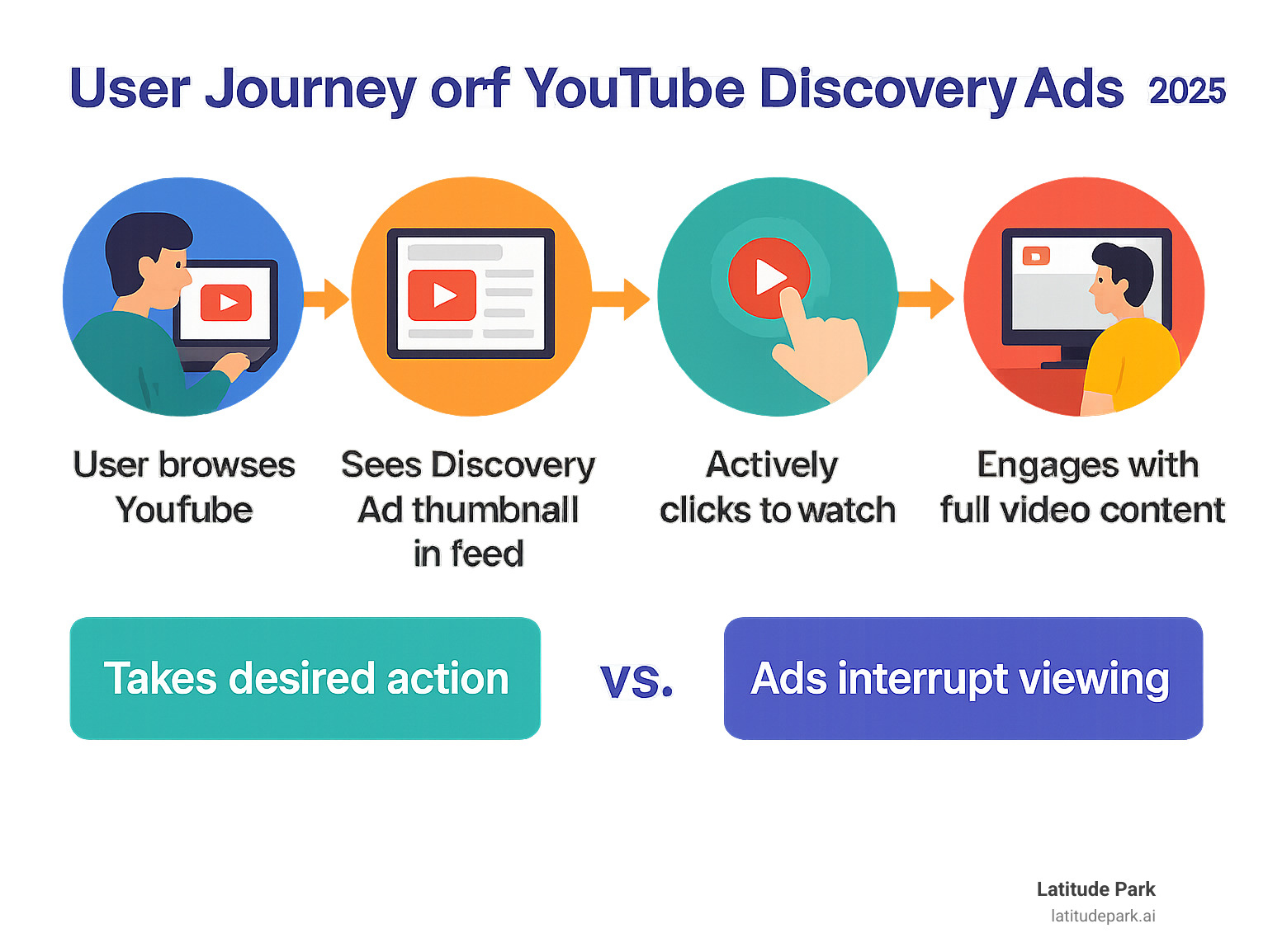 Infographic showing the user journey of YouTube Findy Ads: User browses YouTube → Sees Findy Ad thumbnail in feed → Actively clicks to watch → Engages with full video content → Takes desired action, compared to traditional ads that interrupt viewing - findy ads youtube infographic 