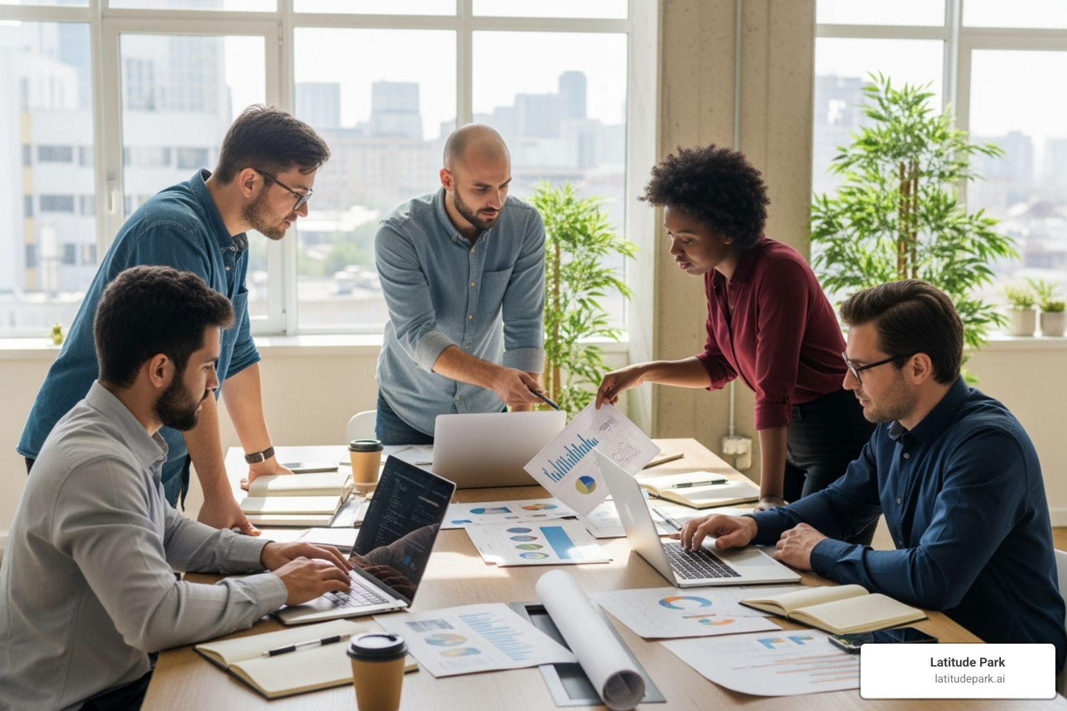 Diverse group of people collaborating around a table with laptops and documents - franchise business consultant