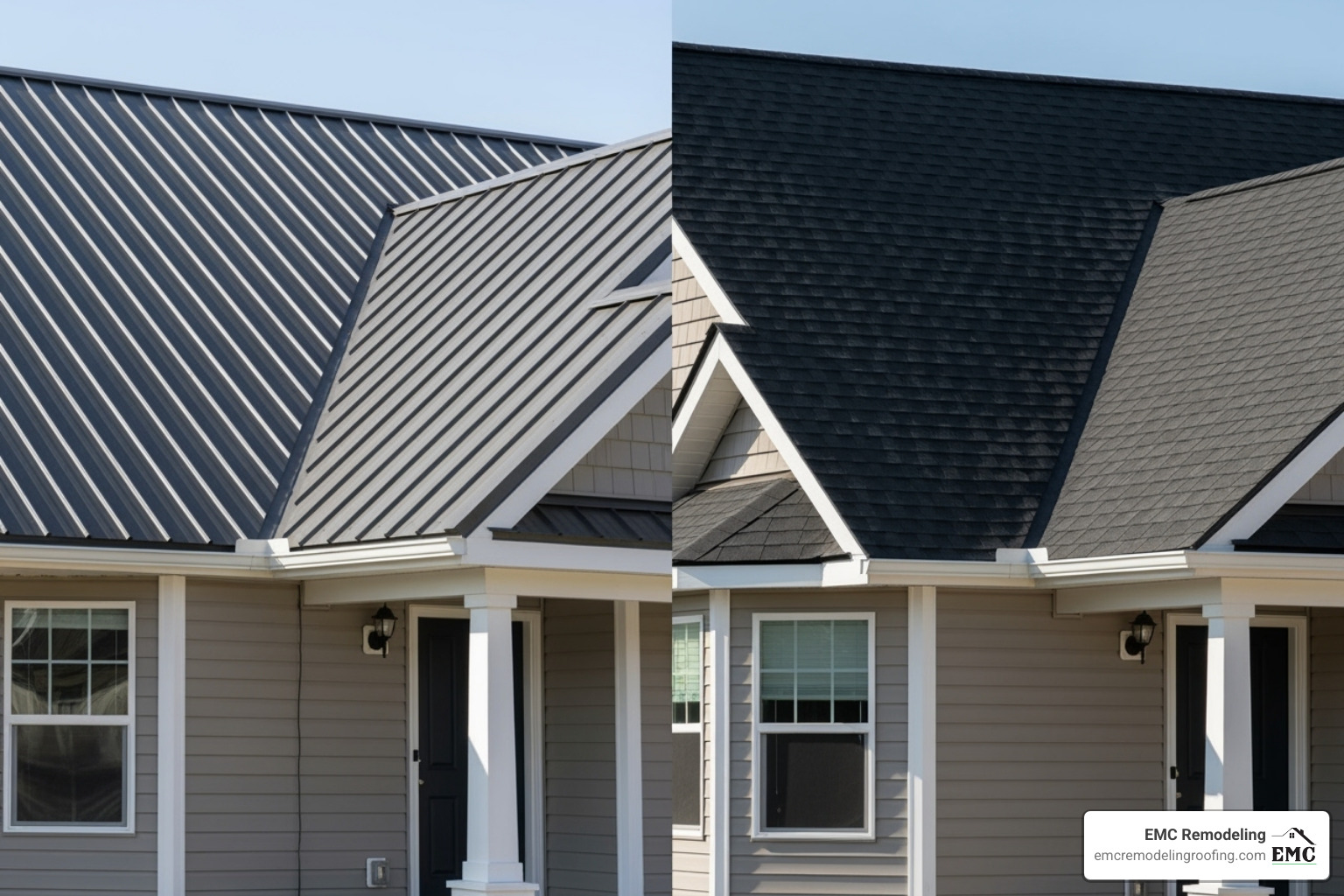 side-by-side comparison of a metal roof and an asphalt shingle roof - roofers in temple