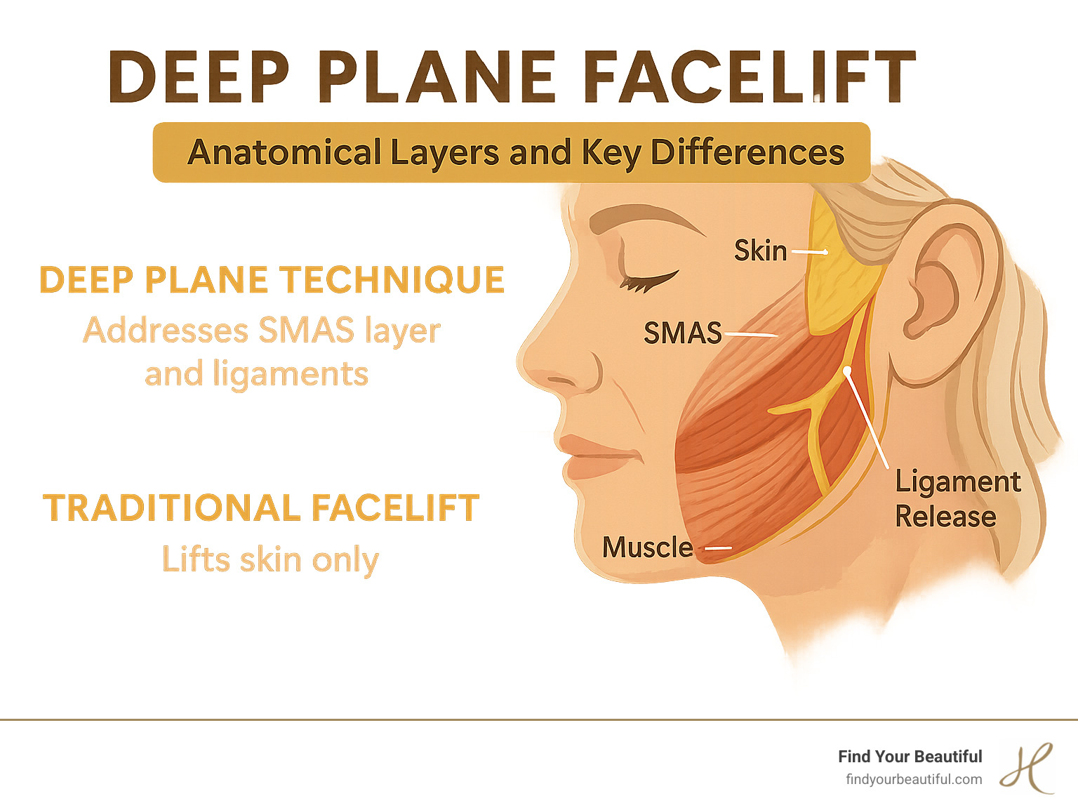 Infographic showing the anatomical layers involved in deep plane facelift technique, illustrating how the SMAS layer and facial retaining ligaments are addressed differently compared to traditional facelift methods, with cross-sectional views of facial tissue layers and ligament release points - deep plane facelift infographic 