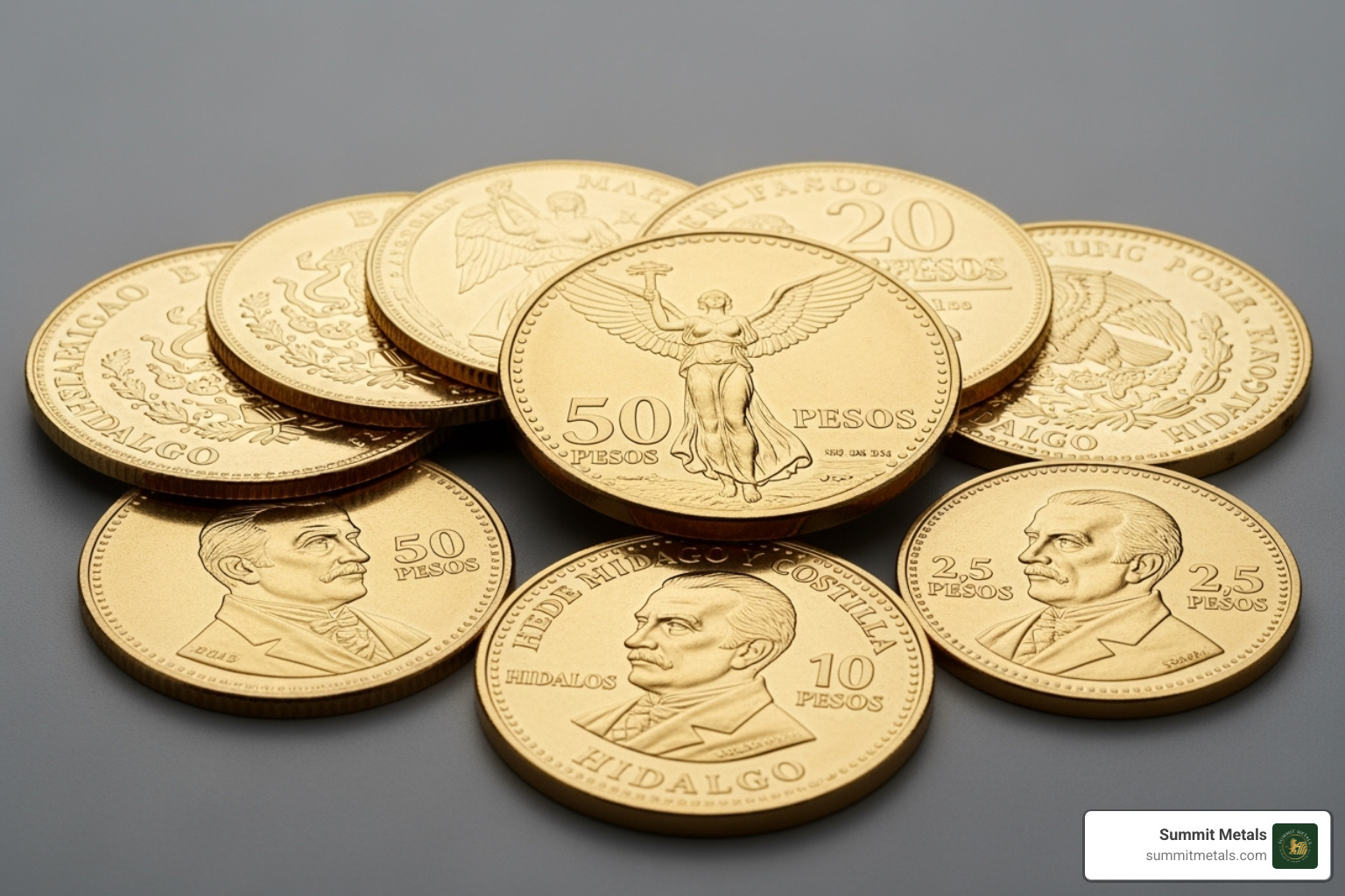 The "Familia del Centenario" gold coins displayed together - $100 gold coin estados unidos mexicanos