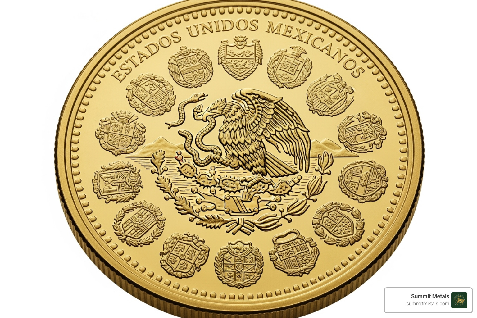 Reverse of a 1 oz Gold Libertad showing the central eagle and surrounding historical coats of arms - gold libertad proof