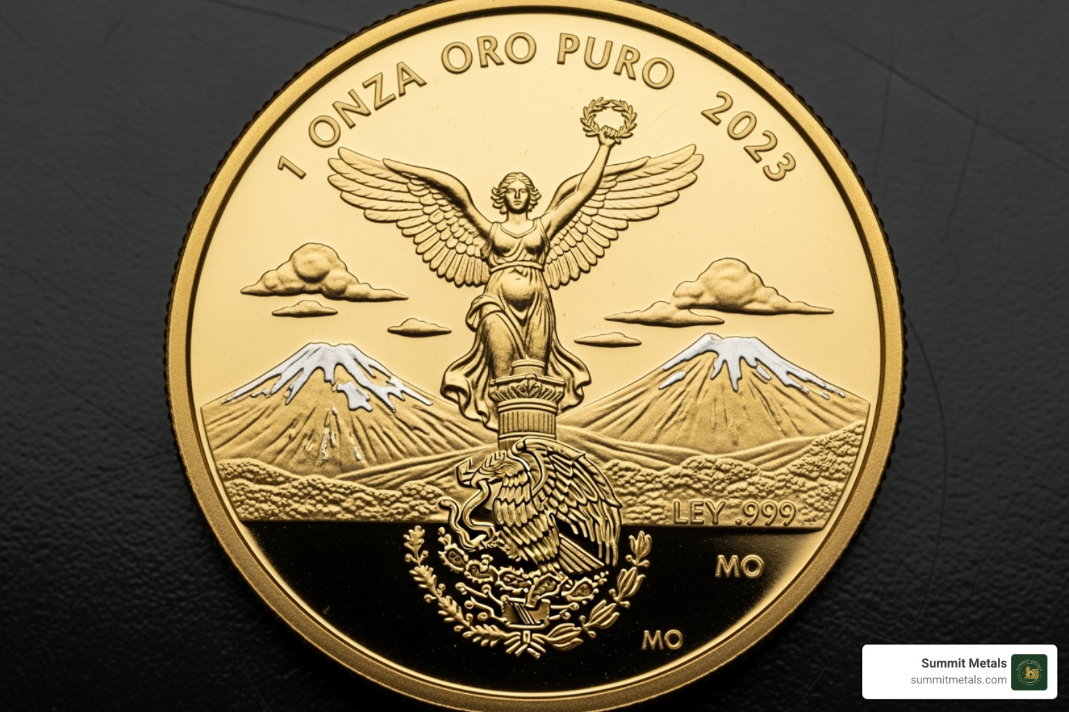 Obverse of a Gold Libertad coin showing the Winged Victory statue with volcanoes in the background - gold libertad proof