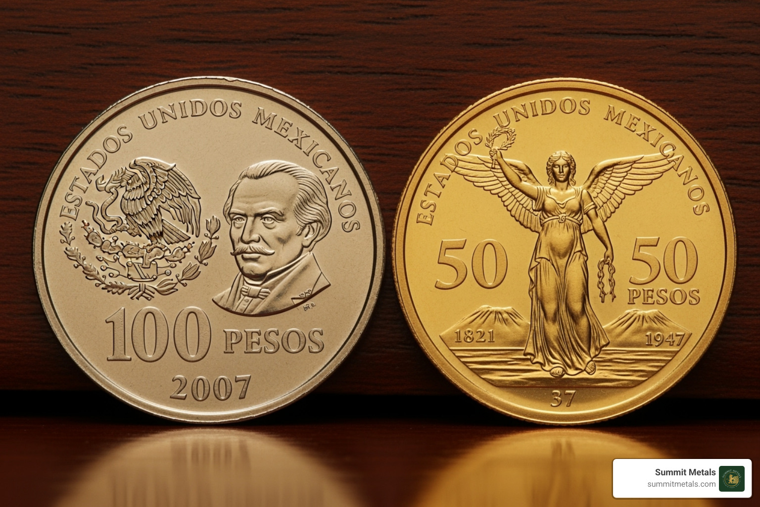 Aluminum-bronze 100 Peso coin next to a gold 50 Pesos Centenario for comparison - $100 gold coin estados unidos mexicanos