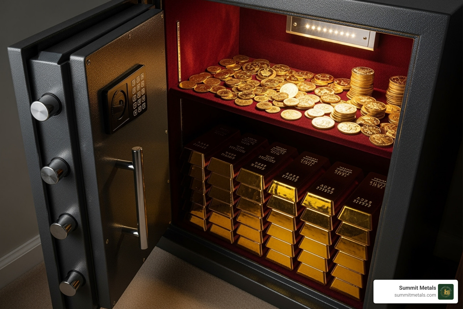 secure home safe containing gold bars and coins - Buy gold anonymously
