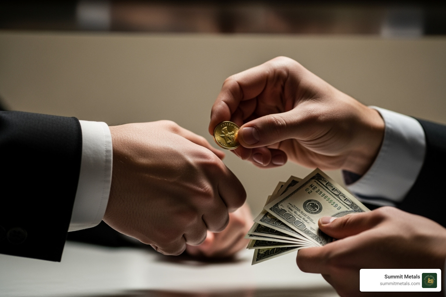 discreet handshake exchanging cash for a small gold coin - Buy gold anonymously