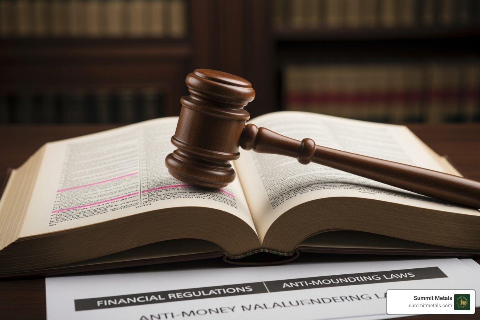 gavel resting on a legal document titled "Anti-Money Laundering" - Buy gold anonymously