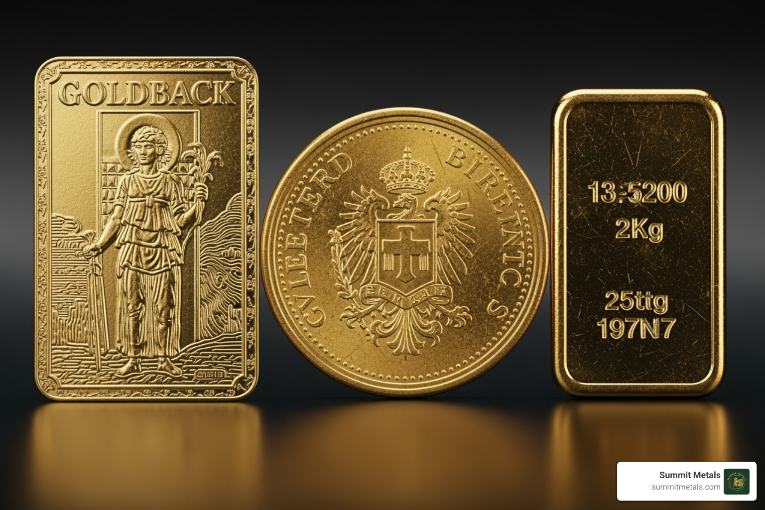 A Goldback, a gold coin, and a small gold bar side-by-side - are goldbacks worth anything