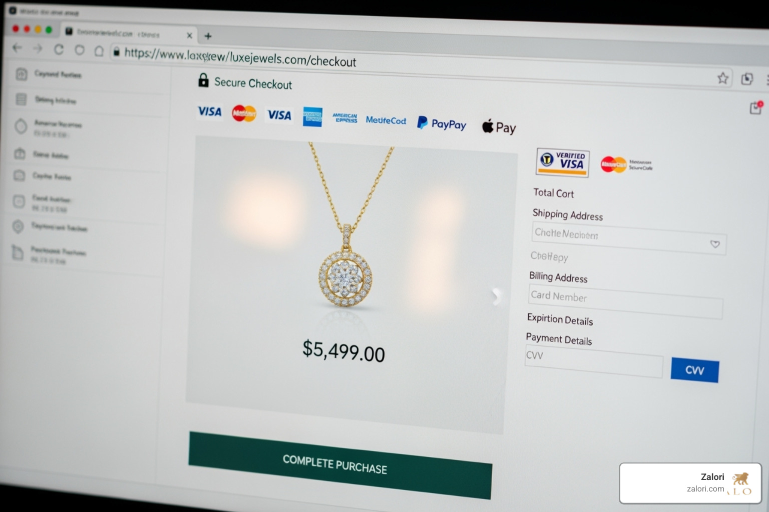 Secure online checkout page for a luxury jewelry website - Online luxury jewelry
