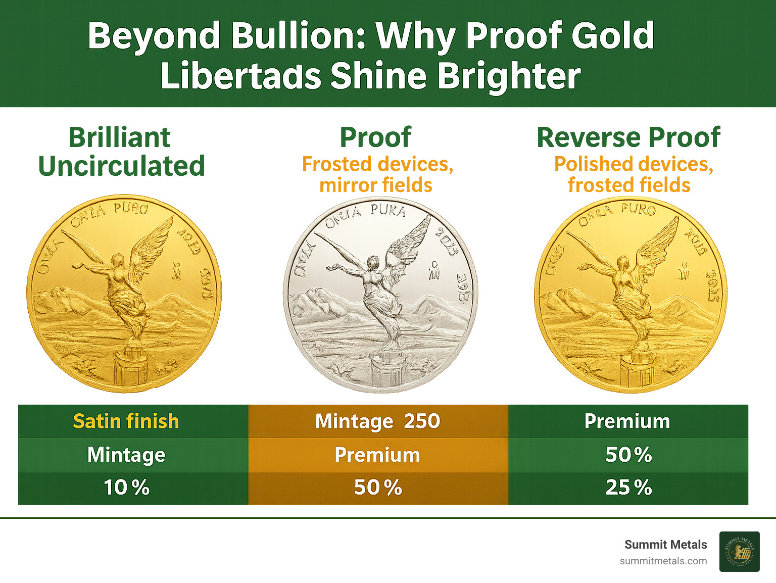 Infographic showing side-by-side comparison of Brilliant Uncirculated Gold Libertad with satin finish, Proof Gold Libertad with frosted devices and mirror fields, and Reverse Proof Gold Libertad with polished devices and frosted fields, including mintage numbers and premium percentages for each finish type - gold libertad proof infographic 