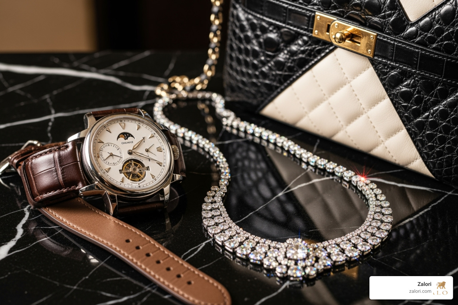 Curated collection of a luxury watch, a piece of fine jewelry, and a designer handbag - Investment quality jewelry Curated collection of a luxury watch, a piece of fine jewelry, and a designer handbag - Investment quality jewelry